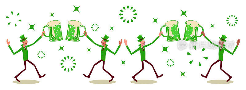 Cheers (Sláinte)，传统的爱尔兰祝酒词来庆祝圣帕特里克节，人们(多民族群体)拿着一个大啤酒杯，举起啤酒杯加入庆祝祝酒词，并跳舞
